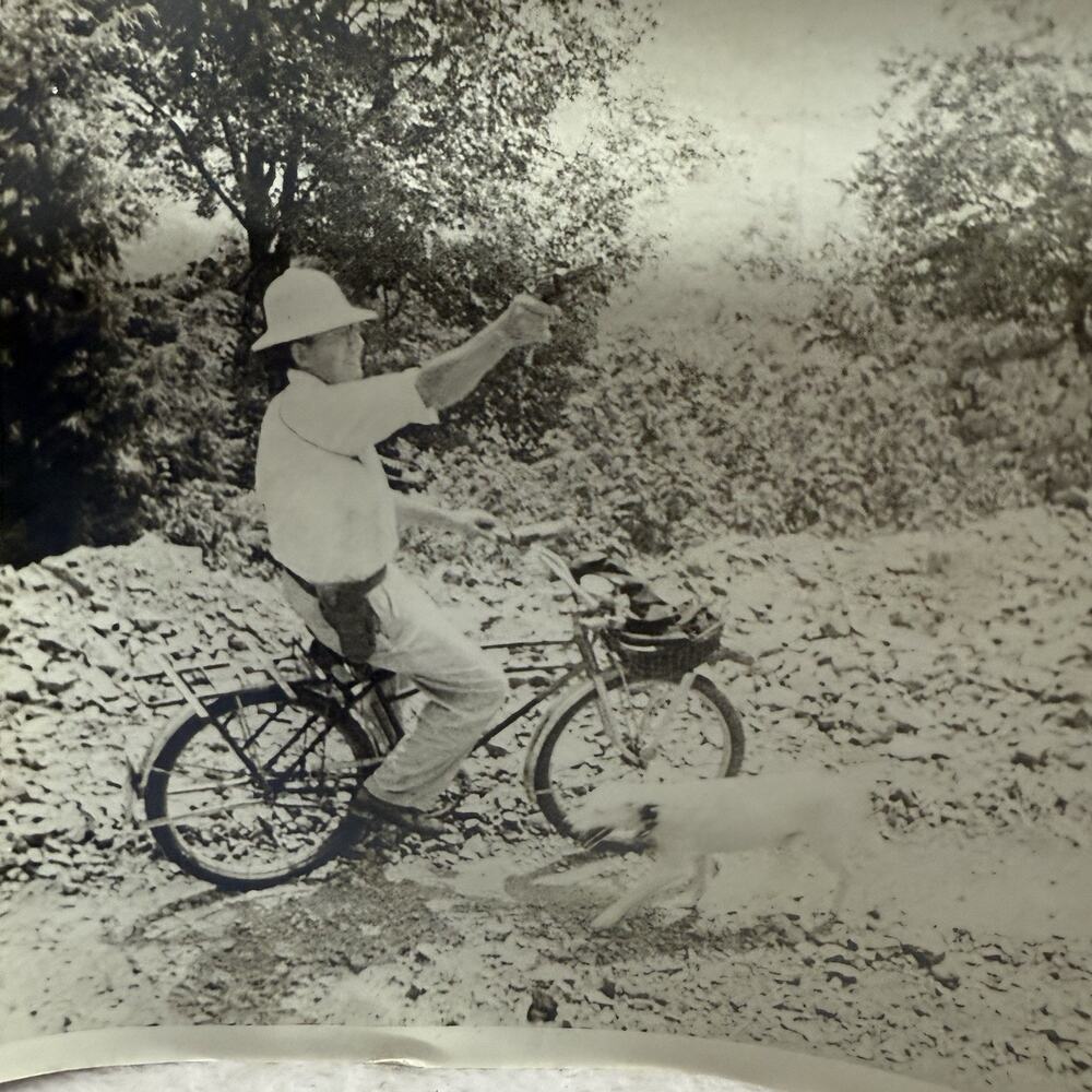 1900s Vtg Photo Man & Dog Bicycle Nature Shooting Gun Antique Black White 8x10